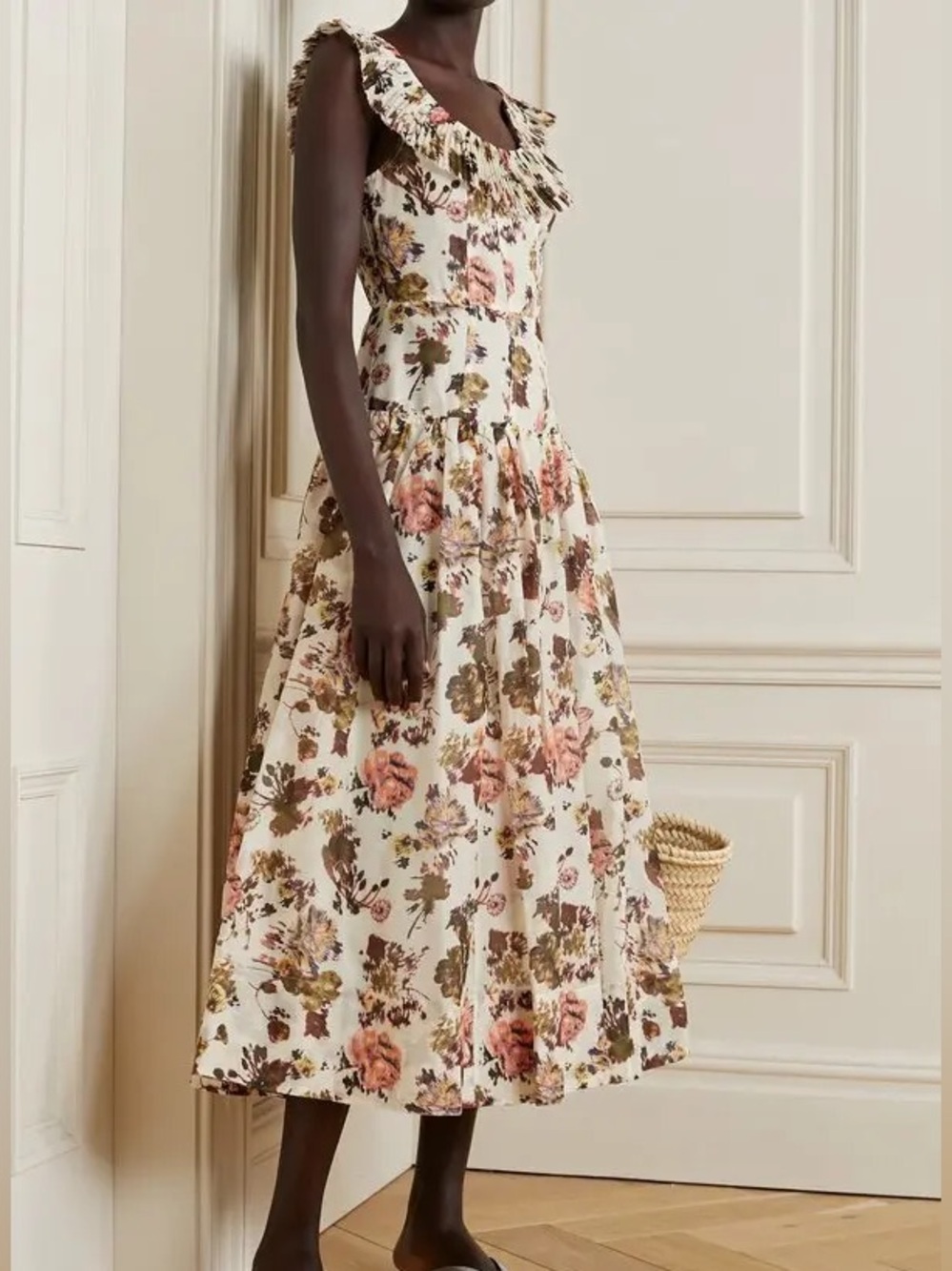 Ulla Johnson Coretta Ruffled Floral Print Midi Dress in Pink/Tan Floral - 2